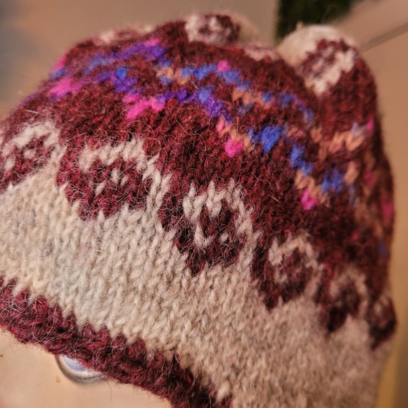 Hand Knit Wool Hippie Beanie Hat with Ear Flaps beige pink blue - Picture 6 of 7